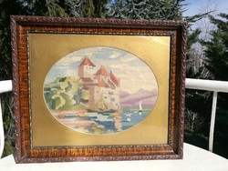 ANTIQUE GOBELIN, CHILLON CASTLE ON GENEVA TONE, 53x63