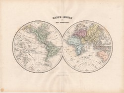 Világtérkép 1880, francia, atlasz, eredeti, 34 x 47 cm, térkép, Föld, világ, két félteke, régi