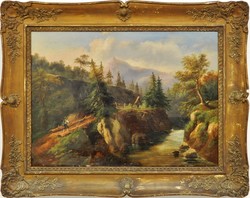 XIX. sz.-i Osztrák festő : Alpesi táj ,olajfestmény