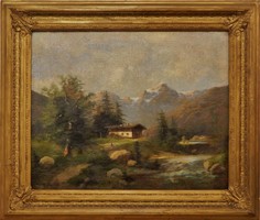 XIX. sz.-i Osztrák festő : Alpesi táj kis házzal,olajfestmény