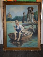 Pólya T. szignós festmény, pecázó fiú bernáthegyi kutyával, 60x80+keret, olaj, vászon