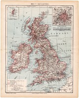 Brit - szigetek térkép 1892, eredeti, Athenaeum, Brockhaus, Anglia, Írország, Skócia, Wales, észak