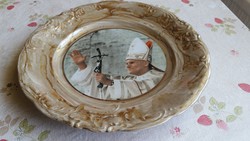 Antik, porcelán, kézzel festett fali tál, Szent II. János Pál pápa képével eladó!