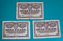 20 Fillér - 1920 október 2. - 3 db - sorozatszám: 07,08,09