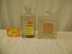 Régi címkés üveg palack - Gyöngyvirág kölnivíz, Optima műszerolaj, kerékpár , varrógép,...