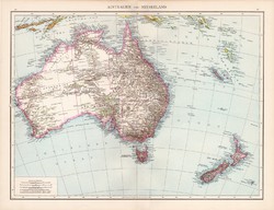 Ausztrália és Új - Zéland térkép 1881, eredeti, német, 41 x 53 cm, hátoldalán is térképek, Amerika