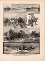 Tata, metszet 1890, 23 x 31 cm, Magyarország, fametszet, kastély, Totis, őrség, pavilon, edzőpálya