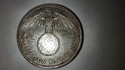 1939 ezüst III. birodalmi horogkeresztes 2 márkás.