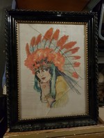 Festmény selyemre, indián nő, 28x36+keret, törött üveg, bal alsó sarkán sérült keret