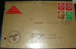 1938 boriték német Deutsche Reich  4 db szines Hindenburg bélyeggel futott sasos horogkeresztes