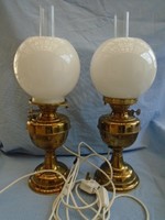 Antik réz petróleumlámpa típusú elektromos éjjeli lámpa pár dupla búrával