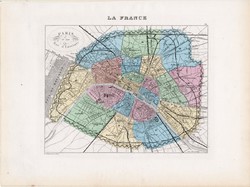 Párizs térkép 1877, francia, atlasz, eredeti, 26 x 35 cm, XIX: század, régi, Franciaország, főváros