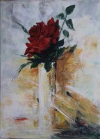 Piros rózsa vázában című festmény, csendélet, absztrakt csendélet