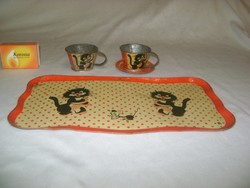 Régi lemez játék cicás tálca csészék, kistányér - baba konyhába