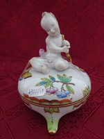 Herend porcelain, Victorian patterned bonbonier. It stands on three legs with a putto handle. He has!