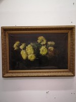 Olaj vászon festmény. Ismeretlen festő XX sz. Csendélet " Sárga  krizantém "