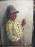 Rarity! Horváth g. Andor painting, cozy. Tramp boy smokes a rare subject for the painter!
