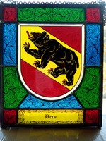Színes ólom üveg kép - város címerek -  Bern, Zürich, Solothurn, Winterthur  4 db láncon