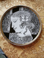 Szász Endre: kézzel aranyozott Hollóházi porcelán fali tányér 20 cm