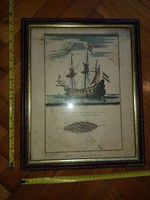 Öreg hajós nyomat, eredeti keretezésében, méret jelezve