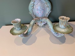 Herendi porcelán Bakos Éva által jelzett két karos fali gyertyatartó