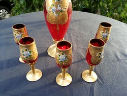 Venetian glass, Murano set gilded painted. Blown glass, jug with 5 glasses. Luxury is elegant!