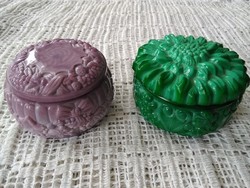 2 db cseh, Bohemia art deco ásványüveg bonbonier, ékszeres, zöld, lila színekben