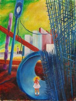 Kislány babával a betonrengetegben - olaj-vászon festmény, 60x80 cm