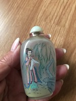 Kínai, belülről festett parfümös üveg jáde kö dugóval