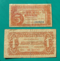 Csehszlovákia, 1 és 5 korun bankjegy - 1944 és 1949 - 2 db-os Bankjegy lot