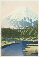 Régi japán fametszet - tájkép Fudzsi hegy folyópart erdő rét 1942 Kitűnő minőségű reprint nyomat