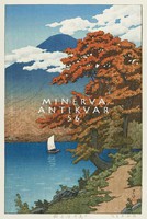 Régi japán fametszet - tájkép Fudzsi hegy tópart őszi fák csónak 1930 Kitűnő minőségű reprint nyomat