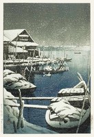Régi japán fametszet - hóesés téli tájkép kikötő csónak hajó tó 1931 Kitűnő minőségű reprint nyomat
