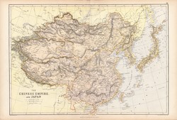 Kínai birodalom és Japán térkép 1882, eredeti, Blackie, atlasz, Ázsia, Kína, Mongólia, Mandzsúria