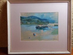 Kórusz József : folyópart ( 44X51 cm ) akvarell