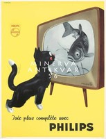 Retro televízió tévé reklám fekete kiscica macska hal rajzfilm 1951 Vintage/antik plakát reprint