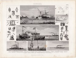 Monitor, torpedó, világítótorony, egyszín nyomat 1875 (22), német, Brockhaus, eredeti, búvár, hajó