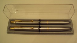 Finely designed matte silver pen set with gold clip--ballpoint pen + Rotring pencil, in its own box.