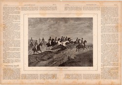 A csákói vadászatok (2), fametszet 1881, metszet, nyomat, 22 x 30 cm, Ország - Világ, ló, lovas
