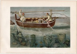 Szivacs halászat, litográfia 1884, nyomat, eredeti, Brehm, Thierleben, állat, tenger, Dalmácia, part
