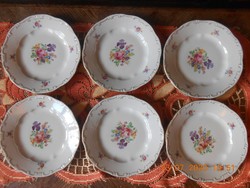 Zsolnay barokk, tollazott, antik süteményes tányérok 6 db, vitrin állapotú