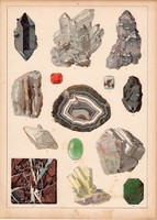 Ásvány (22), opál, márvány, almazöld kova, achát, litográfia 1880, eredeti, 24 x 34 cm, nagy méret