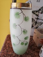 Large green bordered glass vase with gold border