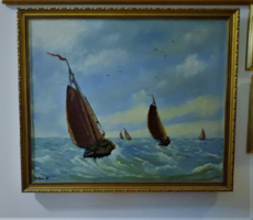 Vitorlások olaj  H.v.Dam holland festőtől, eredeti, 54 x 64 cm, szép fakerettel, szignózott
