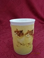 Porcelain mug, three cats with four butterflies. He has!