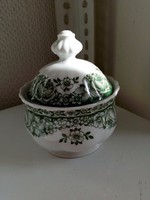 Green rose ribbed sugar bowl with decorative tongs