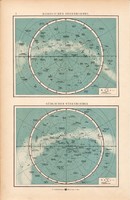 Északi és déli csillagos ég, térkép 1902, eredeti, atlasz, csillagászat, német, csillagkép, égbolt