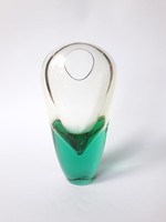Zöld és áttetsző muránói üveg váza, midcentury modern design művész üveg, retro dísztárgy