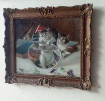 Játszadozó cicák, Réti szignós pasztell kép