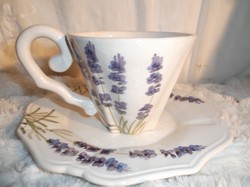 Porcelán - 2 db - levendulás -  antik - NAGY csésze 2 dl  + sütis tányér  22 x 20 cm - mázrepedéses